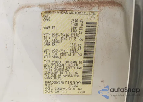 2015 Nissan Frontier S/Sv/Sl/Pro-4X from USA, damaged, VIN 1N6AD0EV6FN719999